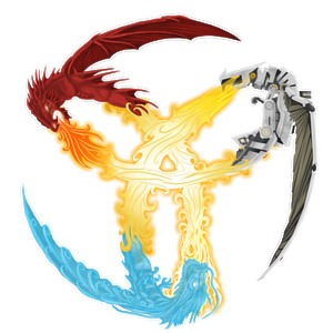 logo of the game, which is three dragons, fiery, icy and mechanical one, all breathing fire and forming a circle